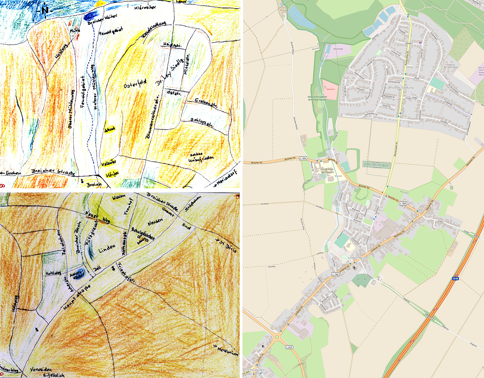 Collage hand drawn map and openstreetmap 